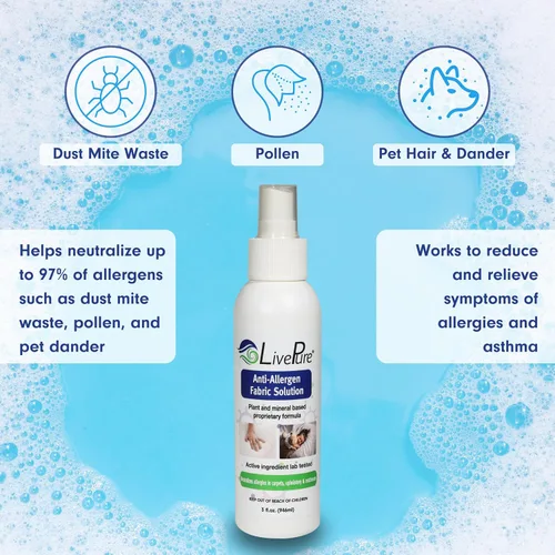 Miniatura 3 de LivePure Spray de tela antialérgeno de 3 onzas para superficies domésticas. Spray antialérgeno a base de plantas para ácaros del polvo y caspa