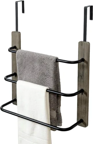 Miniatura 9 de MyGift Toallero para colgar sobre la puerta del baño, organizador rústico de almacenamiento de toallas de madera maciza quemada, barra de toalla