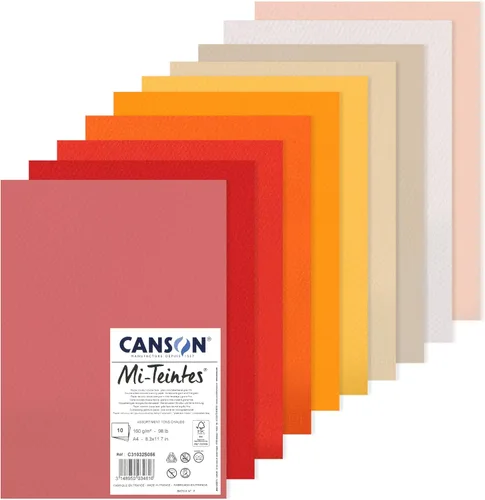 CANSON Mi-Teintes - Paquete de papel A4 de 5.64 oz/m², doble cara: panal y grano fino, 10 hojas de colores cálidos, para artistas e ilustradores