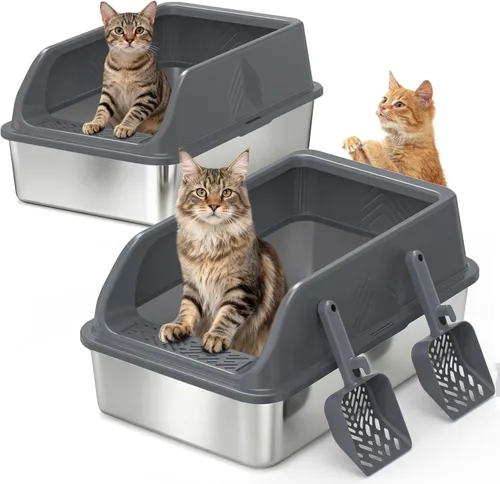 Miniatura 9 de Caja de arena de acero inoxidable con tapa, cajas de arena de metal para gatos de alta cara cerrada para gatos pequeños y gatos lesionados, conejo
