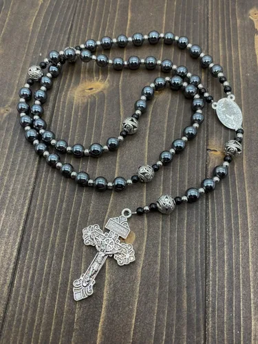 Miniatura 4 de Nazareth Store Pardon Hematite - Rosario para hombre cuentas negras de acero inoxidable medalla milagrosa y cruz de nuestro padre 20 pulgadas