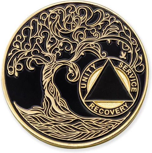 Miniatura 198 de 20 Year Sobriety Mint Twisted Tree of Life - Medallón de recuperación AA chapado en oro, fichas y fichas, color negro