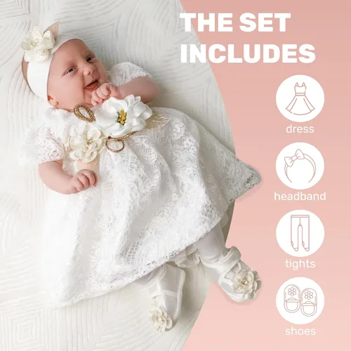Miniatura 2 de Vestido de niña recién nacida, bautizo, vestido blanco bordado de encaje para bebé 0-3, vestido de niña de flores recién nacidas