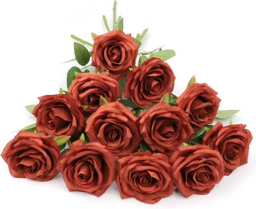 LVEFIT 12 rosas artificiales de seda de color naranja quemado, ramo de rosas de seda de tallo largo para bodas, despedidas de soltera, fiestas,