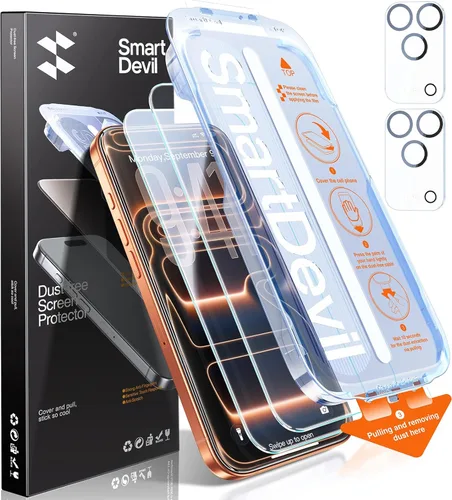 SMARTDEVIL Paquete de 2+2 protectores de pantalla transparente HD para iPhone 17 Pro Max con 2 protectores de lente de cámara, vidrio templado 9H,