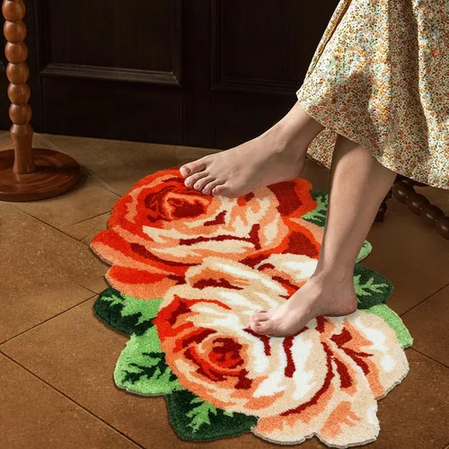 Miniatura 7 de USTIDE Bonita alfombra de baño de rosas para baño, alfombra de baño naranja de lujo, antideslizante, con forma de flor, alfombra de ducha de felpa