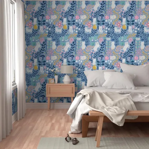 Miniatura 5 de Spoonflower Papel tapiz para despegar y pegar, papel tapiz extraíble personalizado de gatos de primavera con diseño de gatos florales
