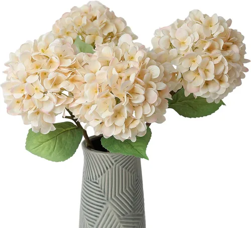 mizii 4 flores de hortensias artificiales de color beige, flores de hortensias artificiales grandes de seda falsa con tallos de hojas, decoraciones