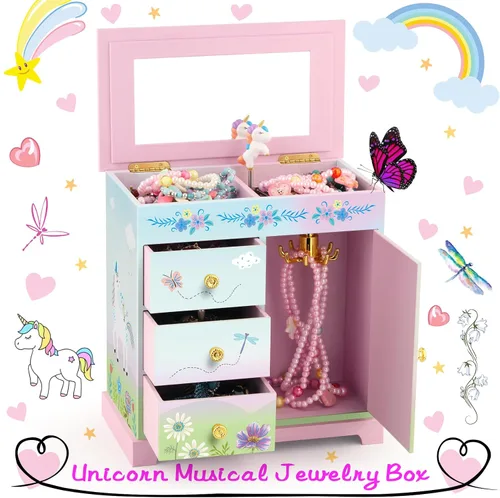 Miniatura 9 de RR ROUND RICH DESIGN - Joyero musical para niñas con cajón y juego de joyas con tema de bailarina, melodía de “El lago de los cisnes”, color rosado