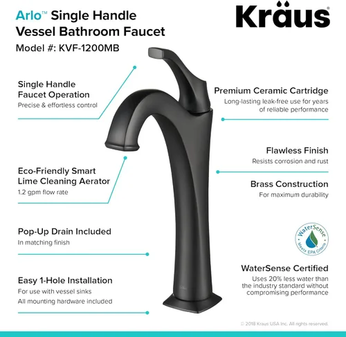 Miniatura 6 de KRAUS Elavo C-KCV-121-1200MB - Lavabo de baño de cerámica rectangular de porcelana blanca moderna de 19 pulgadas y grifo Arlo negro mate con drenaje