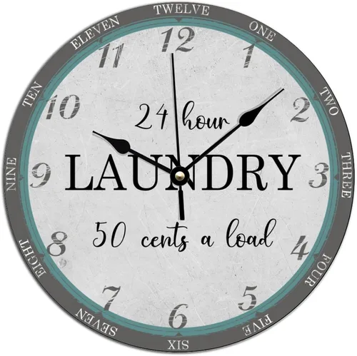 Reloj de pared de lavandería de 10 x 10 pulgadas, decoración de cocina, regalo de baño, reloj de PVC, silencioso, sin tictac, retro, fácil de leer,