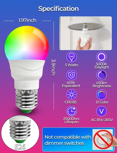 Miniatura 2 de ILC Bombilla LED que cambia de color, equivalente a A15 a 40 W, 5000 K luz blanca diurna, 450LM 5W E26 base de tornillo RGBW, bombilla de estado