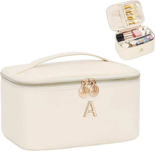 OCHEAL Bolsa de maquillaje personalizada, bolsa de maquillaje beige para mujer, kit de aseo de viaje con monograma, organizador de cosméticos listo