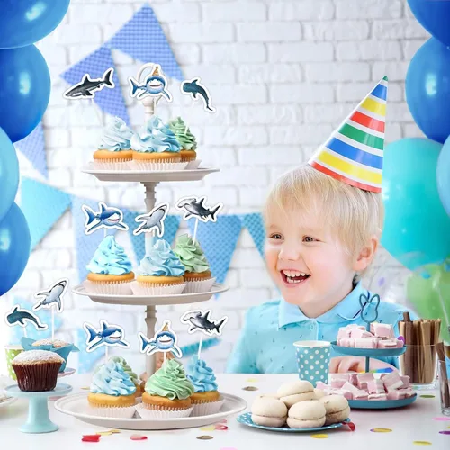 Miniatura 6 de WERNNSAI 36 piezas de decoración para pastel de tiburón - Adornos de pastel de tiburón para fiesta de cumpleaños temática de océano, decoración