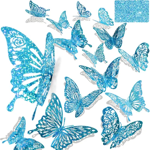 Miniatura 9 de 60 calcomanías de pared de mariposa plateada iridiscente 3D, calcomanías holográficas con 5 estilos murales de papel decorativo para guardería, aula