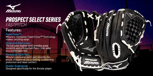 Miniatura 4 de Mizuno Prospect Select Fastpitch Serie de guantes de sóftbol Cuero de grano completo Patrones específicos femeninos Forro de palma Buttersoft