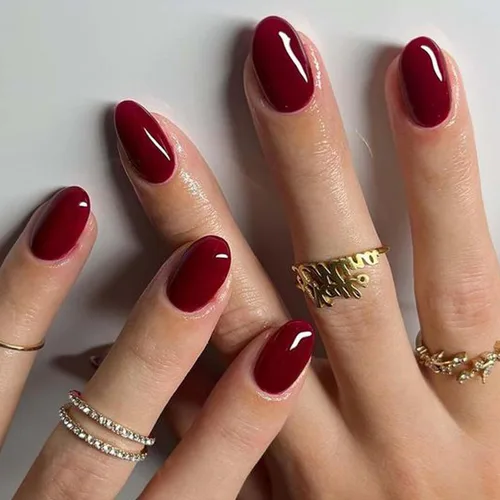 Miniatura 4 de GLAMERMAID Uñas postizas cortas ovaladas, góticas, hechas a mano, color burdeos gótico, pegamento de gel para otoño, 24 unidades, brillantes