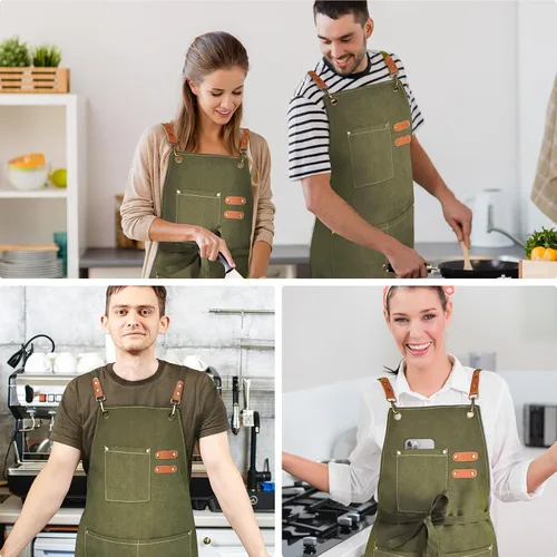 Miniatura 6 de OUNLEN Delantal de Chef para Hombres y Mujeres de Lona con 3 Bolsillos, Delantal Resistente de Trabajo con Espalda Cruzada para Cocinar