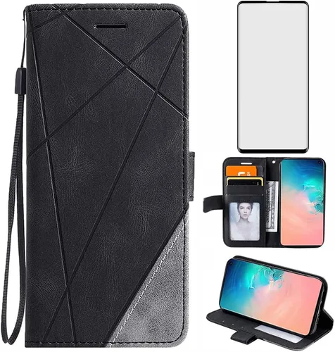 Asuwish Compatible con Samsung Galaxy S10 - Funda tipo cartera y protector de pantalla de vidrio templado, soporte para tarjetero, accesorios para