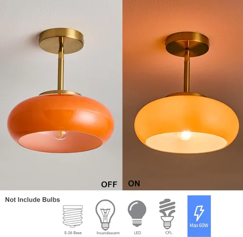 Miniatura 3 de FCTWAKS Lámpara de techo semiempotrada dorada moderna de 11 pulgadas con pantalla de cristal naranja, lámpara de mediados de siglo para pasillo