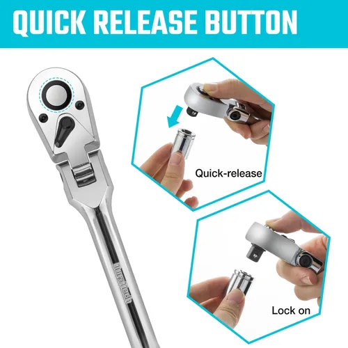 Miniatura 4 de DURATECH Manija de trinquete de 3/8 pulgadas con cabeza flexible, llave de trinquete de 72 dientes, de liberación rápida, interruptor reversible
