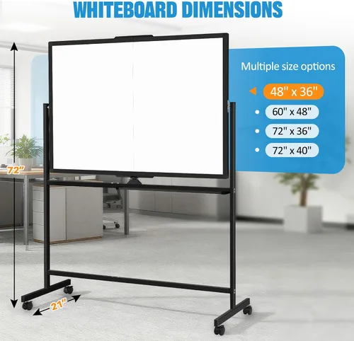 Miniatura 5 de Pizarra Blanca Rodante Grande de 48" X 36", Rotación de 360° Pizarra Blanca Magnética con Soporte, Caballete de Pizarra Blanca de Doble Cara sobre