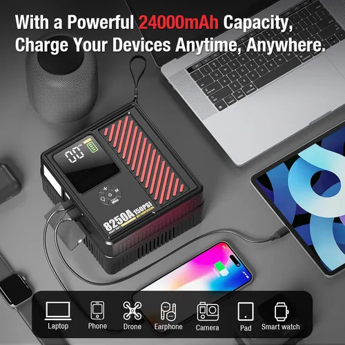 Miniatura 6 de Arrancador de salto AdoreTrip 8250A con compresor de aire de 150PSI, amplificador de batería de coche de 12V, inflador de neumáticos portátil