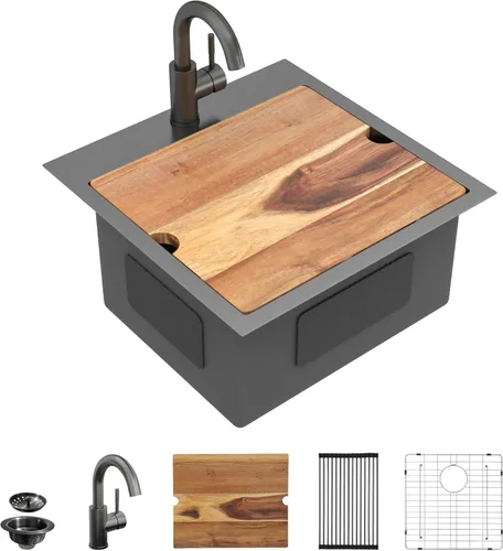 Miniatura 19 de 13"x15" Fregadero de barra de montaje en encimera para preparación – Negro metalizado NANO-PVD, acero inoxidable 304 calibre 16, tazón individual