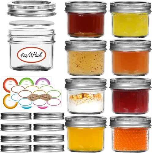 Miniatura 12 de Frasco de vidrio de albañil de 8 onzas, paquete de 24 frascos de vidrio transparentes con tapas regulares, tarros de envasado para miel, yogur