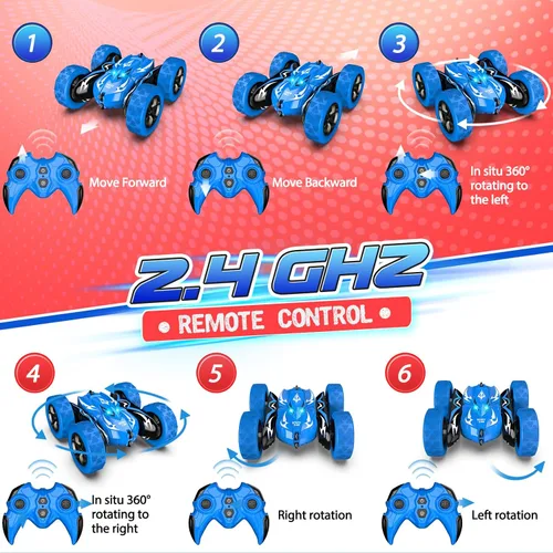 Miniatura 7 de Excitobo Coche de Control Remoto, Coches RC para Niños de 4, 5, 6, 7, 8, 9, 10, 11, 12 Años, Coche RC de Derrape 4WD Recargable con Doble Cara y Azul