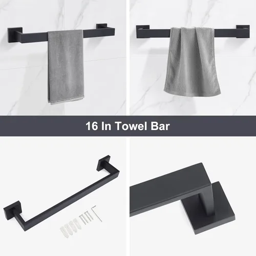 Miniatura 3 de Accesorios de baño de acero inoxidable negro mate, juego de 5 piezas con toallero cuadrado de 16 pulgadas, toallero y soporte