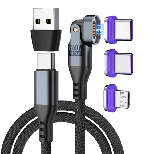 Cable de carga magnético de 240 W, cable de datos magnético USBC a USB C giratorio de 180°, cable de carga rápida para teléfono micro USB,