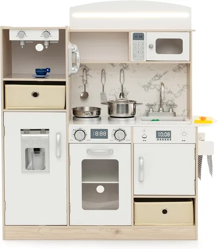 Miniatura 9 de HONEY JOY Juego de cocina para niños con luces, juego de cocina de madera con 2 contenedores de almacenamiento, cafetera, microondas, máquina