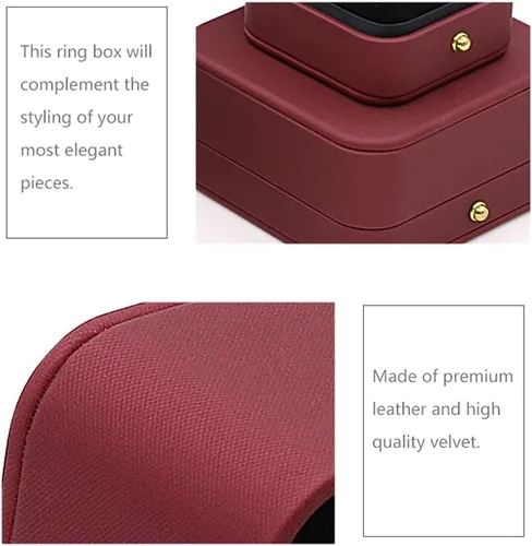 Miniatura 5 de Caja de Anillos de Boda Caja de Compromiso Rojo Vino, Caja Portadora de Anillos de Joyería de Terciopelo de Cuero Cuadrada, Caja de Anillos Vintage