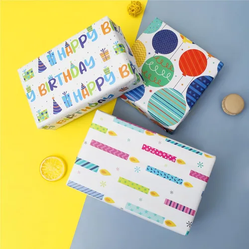 Miniatura 4 de BULKYTREE Papel de regalo de cumpleaños para niños, niñas, niños, hombres y mujeres, fiestas de vacaciones, 3 hojas grandes, globos