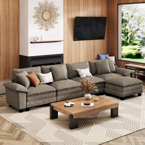 Miniatura 43 de MIXPATIO Sofá modular en forma de L de 123 pulgadas con cojines de nube, juego de sofá modular de asiento profundo con 4 asientos y 1 otomana, Gris