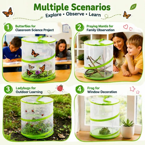 Miniatura 7 de Jaula de malla de hábitat de mariposa, 12 x 14 pulgadas, plegable, transpirable, para insectos, jaula de mariposas alta (verde)