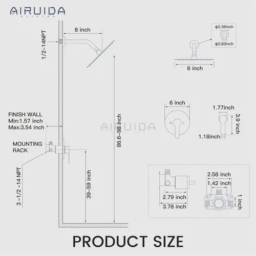 Miniatura 6 de Airuida Juego de grifo de ducha, cabezal de ducha redondo de 6 pulgadas, SUS304 de acero inoxidable de un solo mango, sistema de baño de montaje