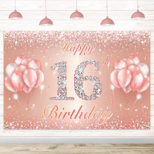 Fondo de pancarta de feliz cumpleaños 16, suministros de decoración de fiesta de cumpleaños 16 para niñas o niños, oro rosa, 4 x 6 pies