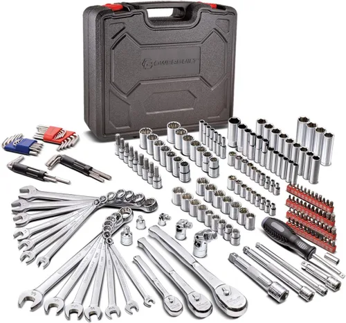 Powerbuilt Juego de herramientas mecánicas de accionamiento de 200 piezas de 1/4 pulgadas, 3/8 pulgadas y 1/2 pulgadas, con juego de llaves SAE y