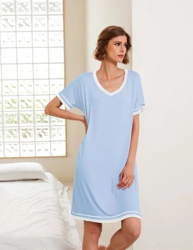 Miniatura 2 de Ekouaer Camisones de manga corta para mujer, cuello en V, cómodo camisón S-XXL