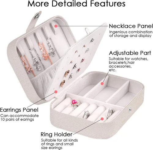 Miniatura 3 de XYMAO Joyeros portátiles de piel sintética para mujeres y niñas, organizador de joyas de viaje para collares, anillos y aretes (blanco brillante)