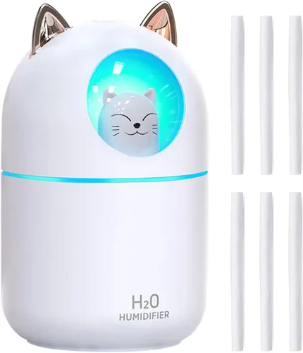Lindo humidificador portátil de niebla fría con luz nocturna de 7 colores y 6 varillas de algodón de filtro para dormitorio, oficina, escritorio,