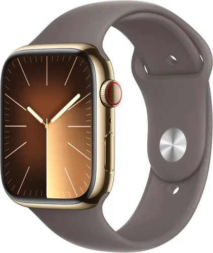 Apple Watch Series 9 [GPS + Cellular 45mm] SmartWatch con caja de acero inoxidable dorado y correa deportiva de arcilla M/L. Rastreador de fitness,