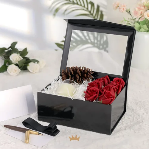 Miniatura 2 de Packqueen Caja de regalo negra con tapa y ventana, 9x6.5x3.8 pulgadas, Caja de regalo transparente para regalo contiene cinta, tarjeta, caja