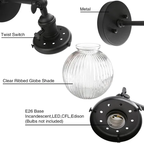 Miniatura 3 de PERMO Aplique de Pared Industrial Vintage Negro Mate Aplique de Pared Individual con Pantalla de Vidrio Acanalado Transparente Redonda de 5.9" Luz