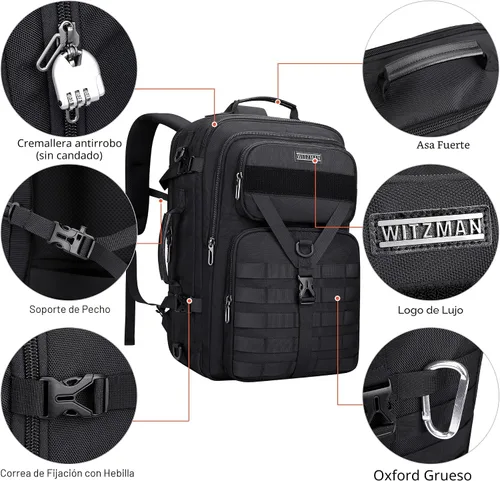 Miniatura 5 de WITZMAN Mochila de viaje de mano para hombre, grande, convertible de 45 litros, ajuste de 17 pulgadas, mochila 3 en 1, para aerolínea aprobada Negro
