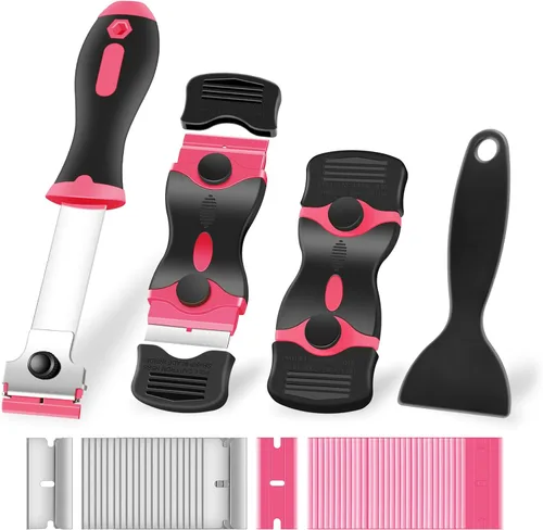 NECAMOCU Juego de 4 raspadores de cuchilla de afeitar, herramienta de limpieza premium con 50 piezas de cuchillas de metal y plástico, raspador de