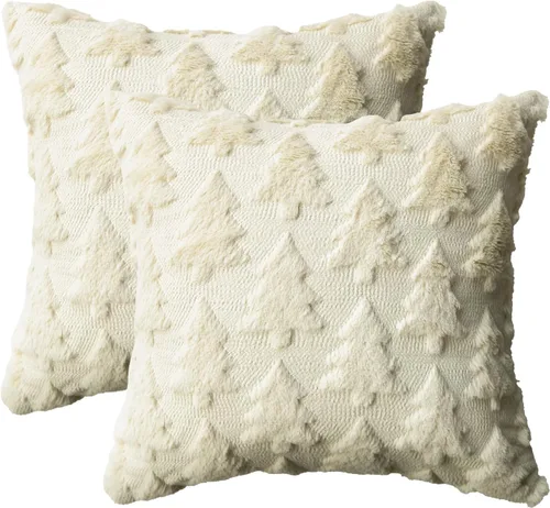 AVOIN colorlife Juego de 2 fundas de almohada beige con árbol de Navidad, 16 x 16 pulgadas, felpa suave, piel sintética, jacquard, festivales,