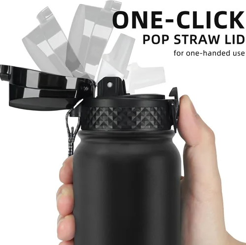 Miniatura 2 de Fanhaw Botella de agua de acero inoxidable aislada para niños de 20 onzas con tapa con popote, a prueba de fugas y antipolvo, botella de uso diario